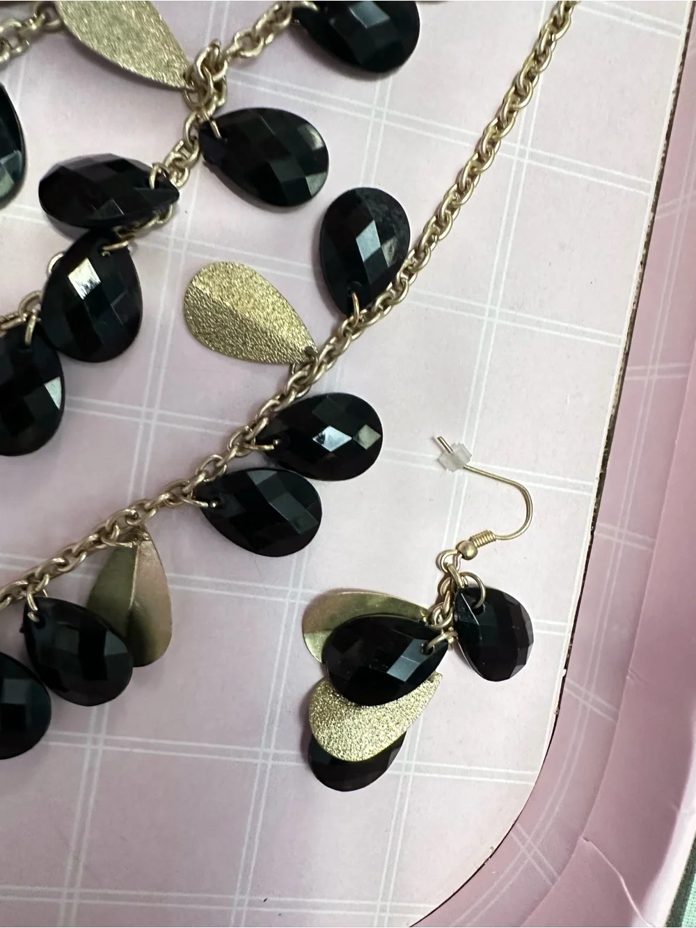 Gold Chain Necklace and Earring Set with Black Faceted Teardrops